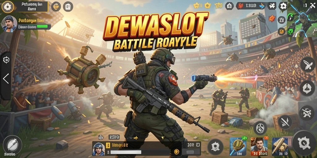 Screenshot gameplay DEWASLOT menunjukkan aksi seru dalam pertempuran Battle Royale.