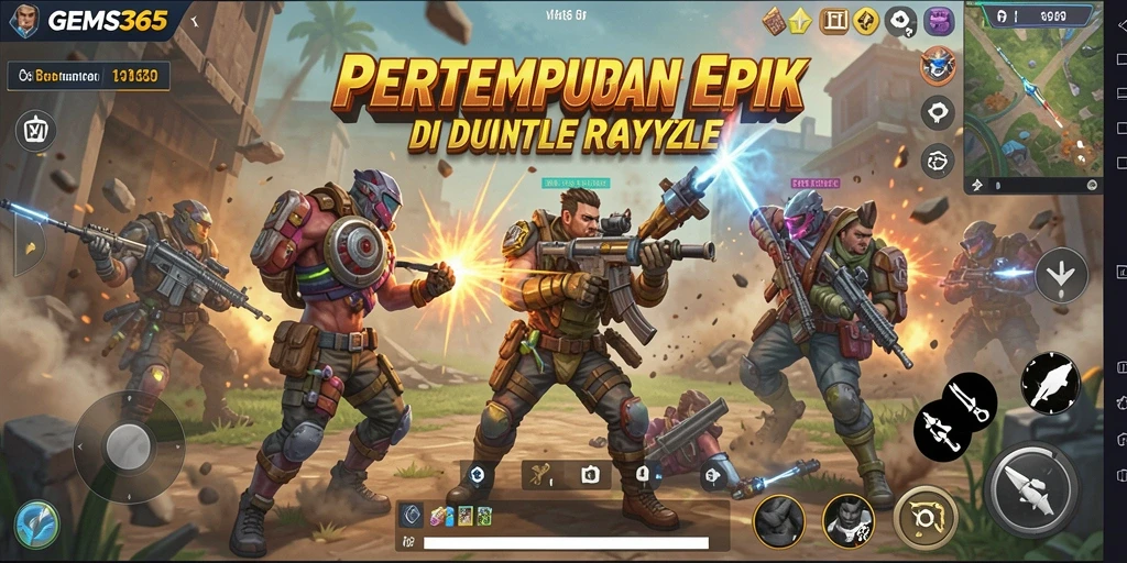 Screenshot utama GEMS365 yang menunjukkan aksi pertempuran menegangkan di Battle Royale.
