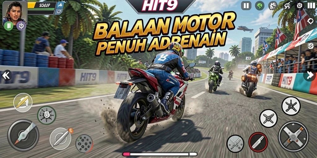Screenshot dari gameplay balapan motor yang seru di HIT9.