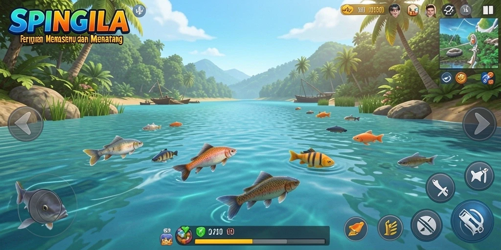 Gameplay SPINGILA menampilkan petualangan memancing yang seru dan mendebarkan.
